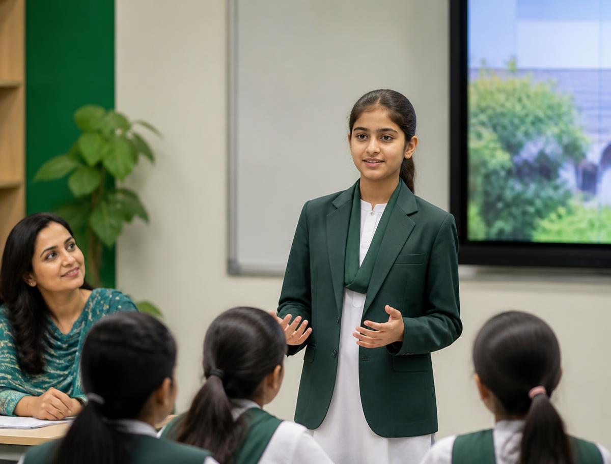 A student presenting confidently to classmates